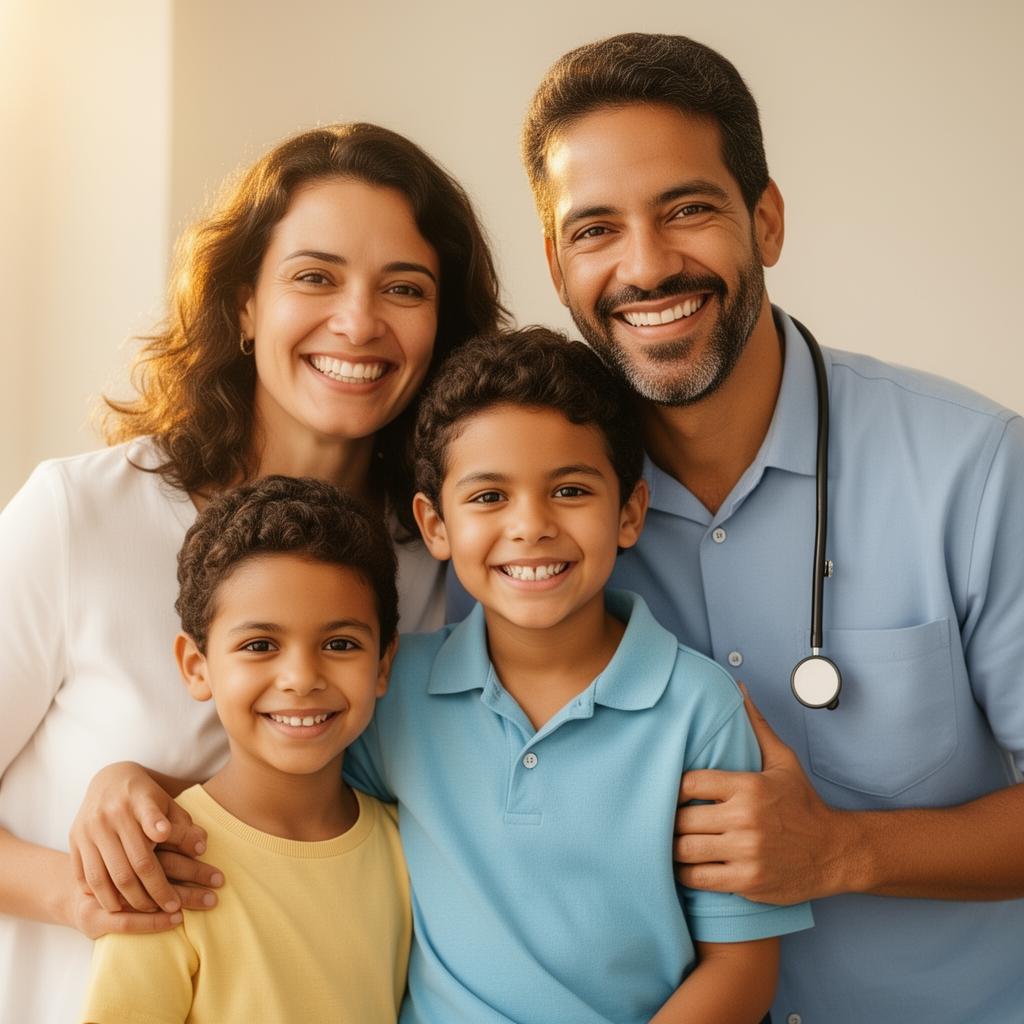 Família sorrindo com especialista em planos de saúde